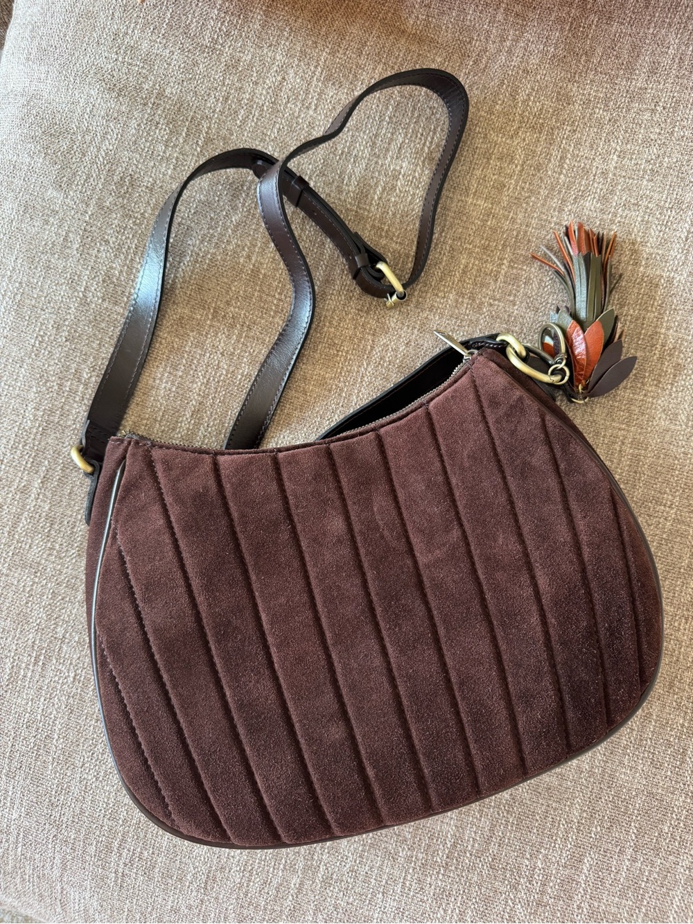 BRAND NEW! Patricia Nash Quilted Brown Suede Shoulder Bag with Tassel Charm